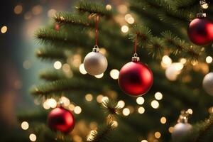 AI generated Christmas ornaments hanging on the Christmas tree with lights behind. AI Generative photo