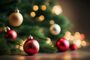 AI generated Christmas ornaments hanging on the Christmas tree with lights behind. AI Generative photo