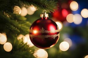 AI generated Christmas ornaments hanging on the Christmas tree with lights behind. AI Generative photo