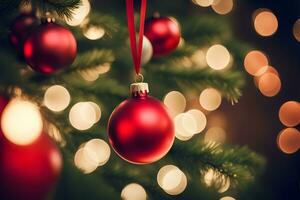 AI generated Christmas ornaments hanging on the Christmas tree with lights behind. AI Generative photo