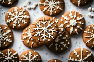 ai generado Navidad pan de jengibre galletas con blanco copos de nieve en un blanco antecedentes. ai generativo foto