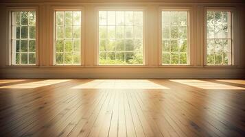 ai generado generativo ai, ligero vacío moderno habitación con cortejar piso y destello desde el ventana, interior antecedentes para el presentación foto