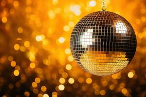 AI generated Generative AI, Disco shiny  ball, party reflecting colorful lights for music broadcast, night clubs, musical banners photo