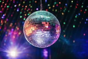 AI generated Generative AI, Disco shiny  ball, party reflecting colorful lights for music broadcast, night clubs, musical banners photo