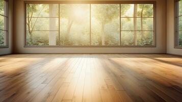 AI generated Generative AI, Light empty modern room with wooen floor and glare from the window, interior background for the presentation photo