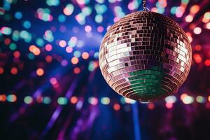 AI generated Generative AI, Disco shiny  ball, party reflecting colorful lights for music broadcast, night clubs, musical banners photo