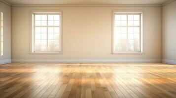 AI generated Generative AI, Light empty modern room with wooen floor and glare from the window, interior background for the presentation photo