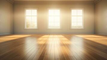 ai generado generativo ai, ligero vacío moderno habitación con cortejar piso y destello desde el ventana, interior antecedentes para el presentación foto