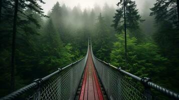 ai generado generativo ai, copa del árbol embarque puente en brumoso abeto bosque hermosa paisaje en hipster Clásico retro estilo, brumoso montañas y arboles foto