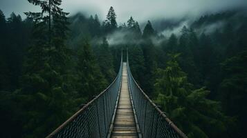 AI generated Generative AI, treetop boarding bridge on misty fir forest beautiful landscape in hipster vintage retro style, foggy mountains and trees. photo