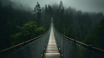 ai generado generativo ai, copa del árbol embarque puente en brumoso abeto bosque hermosa paisaje en hipster Clásico retro estilo, brumoso montañas y arboles foto