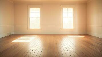 ai generado generativo ai, ligero vacío moderno habitación con cortejar piso y destello desde el ventana, interior antecedentes para el presentación foto