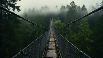 ai generado generativo ai, copa del árbol embarque puente en brumoso abeto bosque hermosa paisaje en hipster Clásico retro estilo, brumoso montañas y arboles foto