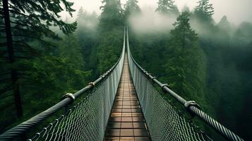 ai generado generativo ai, copa del árbol embarque puente en brumoso abeto bosque hermosa paisaje en hipster Clásico retro estilo, brumoso montañas y arboles foto