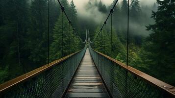 ai generado generativo ai, copa del árbol embarque puente en brumoso abeto bosque hermosa paisaje en hipster Clásico retro estilo, brumoso montañas y arboles foto