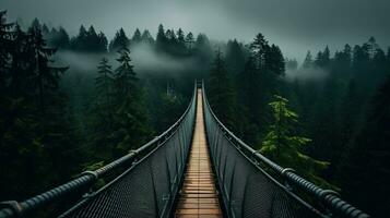 ai generado generativo ai, copa del árbol embarque puente en brumoso abeto bosque hermosa paisaje en hipster Clásico retro estilo, brumoso montañas y arboles foto