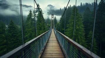 ai generado generativo ai, copa del árbol embarque puente en brumoso abeto bosque hermosa paisaje en hipster Clásico retro estilo, brumoso montañas y arboles foto