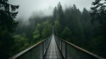 ai generado generativo ai, copa del árbol embarque puente en brumoso abeto bosque hermosa paisaje en hipster Clásico retro estilo, brumoso montañas y arboles foto