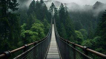 ai generado generativo ai, copa del árbol embarque puente en brumoso abeto bosque hermosa paisaje en hipster Clásico retro estilo, brumoso montañas y arboles foto