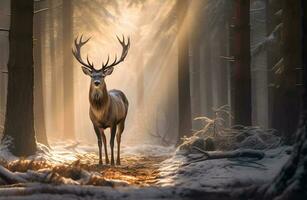 AI generated Reindeer with beautiful antler walking on a dirt path through a pine forest with tall trees and rays of sunlight photo