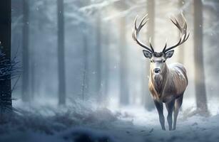 AI generated Reindeer with beautiful antler walking on a dirt path through a pine forest in winter season with tall trees and white snow photo