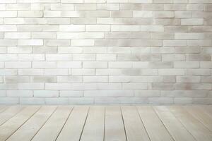 AI generated wood floor with white brick wall with lighting pattern texture background photo