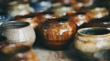 AI generated Generative AI, crafted pottery, still life of hand made pottery and ceramic bowls, hobby and leisure concept photo