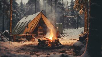 AI generated Generative AI, Burning bonfire, beautiful winter landscape, camping outdoor concept in neutral muted colors, tourist camp photo