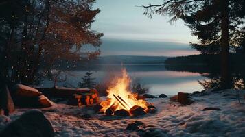 AI generated Generative AI, Burning bonfire, beautiful winter landscape, camping outdoor concept in neutral muted colors, tourist camp photo