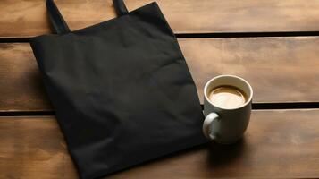 AI generated Generative AI, Realistic black tote canvas fabric bag set-up in at cafe, coffee shop interior, mock up blank. photo