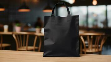 AI generated Generative AI, Realistic black tote canvas fabric bag set-up in at cafe, coffee shop interior, mock up blank. photo