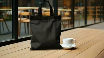 AI generated Generative AI, Realistic black tote canvas fabric bag set-up in at cafe, coffee shop interior, mock up blank. photo
