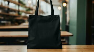 AI generated Generative AI, Realistic black tote canvas fabric bag set-up in at cafe, coffee shop interior, mock up blank. photo