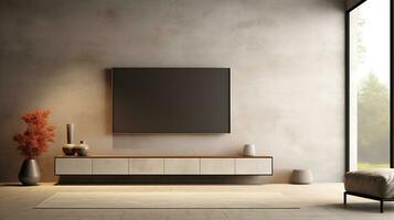 ai generado generativo ai, televisión burlarse de arriba en moderno vivo habitación antecedentes. contemporáneo interior diseño foto