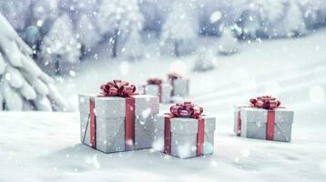 AI generated Beautifully wrapped Christmas gifts nestled in a serene winter landscape with snowflakes video