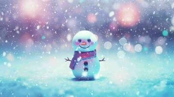 ai généré charmant bonhomme de neige dans une de fête hiver pays des merveilles avec flocons de neige video