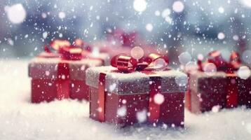 AI generated Beautifully wrapped Christmas gifts nestled in a serene winter landscape with snowflakes video