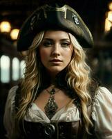 ai generado retrato de un hermosa Steampunk mujer en un pirata disfraz foto