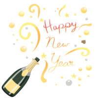 Hand draw champagne bottle exploding with Happy New year massage png