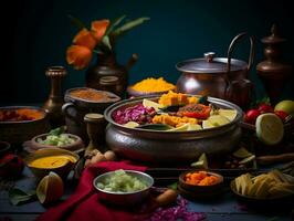 AI generated Various festive Indian dishes featuring rogan josh, chicken tikka masala, biryani, tandoori chicken, kebabs and mixed indian platter. AI Generative photo