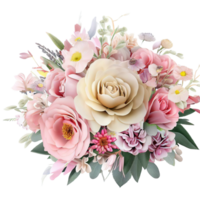 ai gegenereerd mooi boeket van bloemen geïsoleerd bloemen illustratie.geschenk doos verjaardag, bruiloft, moeder dag, Valentijnsdag dag, vrouwen dag bloemen en bladeren voor uitnodiging png