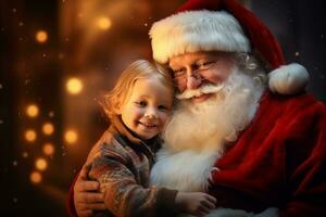 ai generado Papa Noel noel, con un calentar sonrisa en su rostro, cunas un niño en su brazos, radiante alegría y amor. ai generativo foto