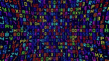 Colorful digital code matrix motion background - flashing multicolored letters, numbers and punctuation marks. Computer programming or hacking concept. 4K looping information technology background. video