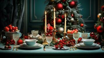 AI generated Christmas dinner table decorated on colorful background generated by Ai photo