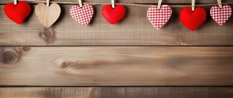 AI generated Valentine's day background with hearts and clothespins on wooden wall photo