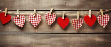 AI generated Valentine's day background with hearts and clothespins on wooden wall photo