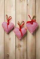 AI generated Valentine's day background with hearts and clothespins on wooden wall photo