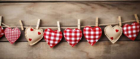 AI generated Valentine's day background with hearts and clothespins on wooden wall photo