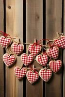 AI generated Valentine's day background with hearts and clothespins on wooden wall photo