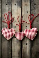 AI generated Valentine's day background with hearts and clothespins on wooden wall photo